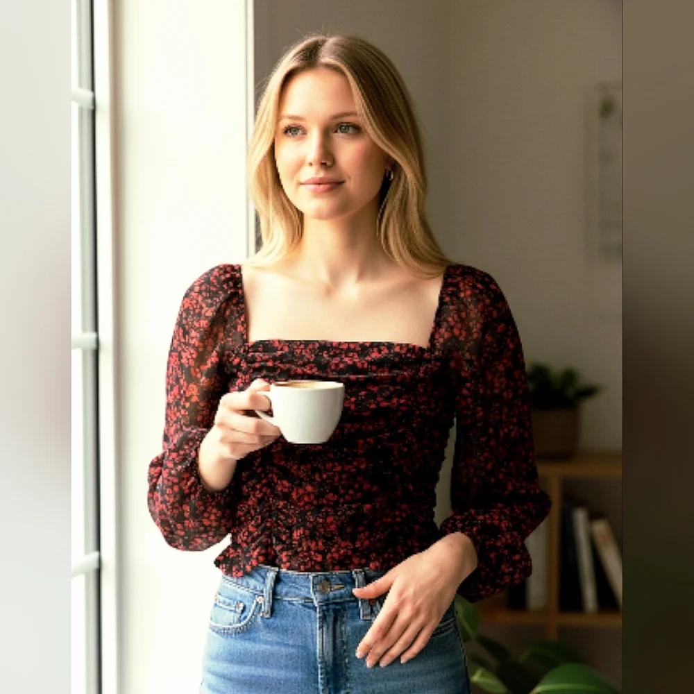 Dynamite Floral Black and Red and Blue Women's Top - Picture 1 of 7